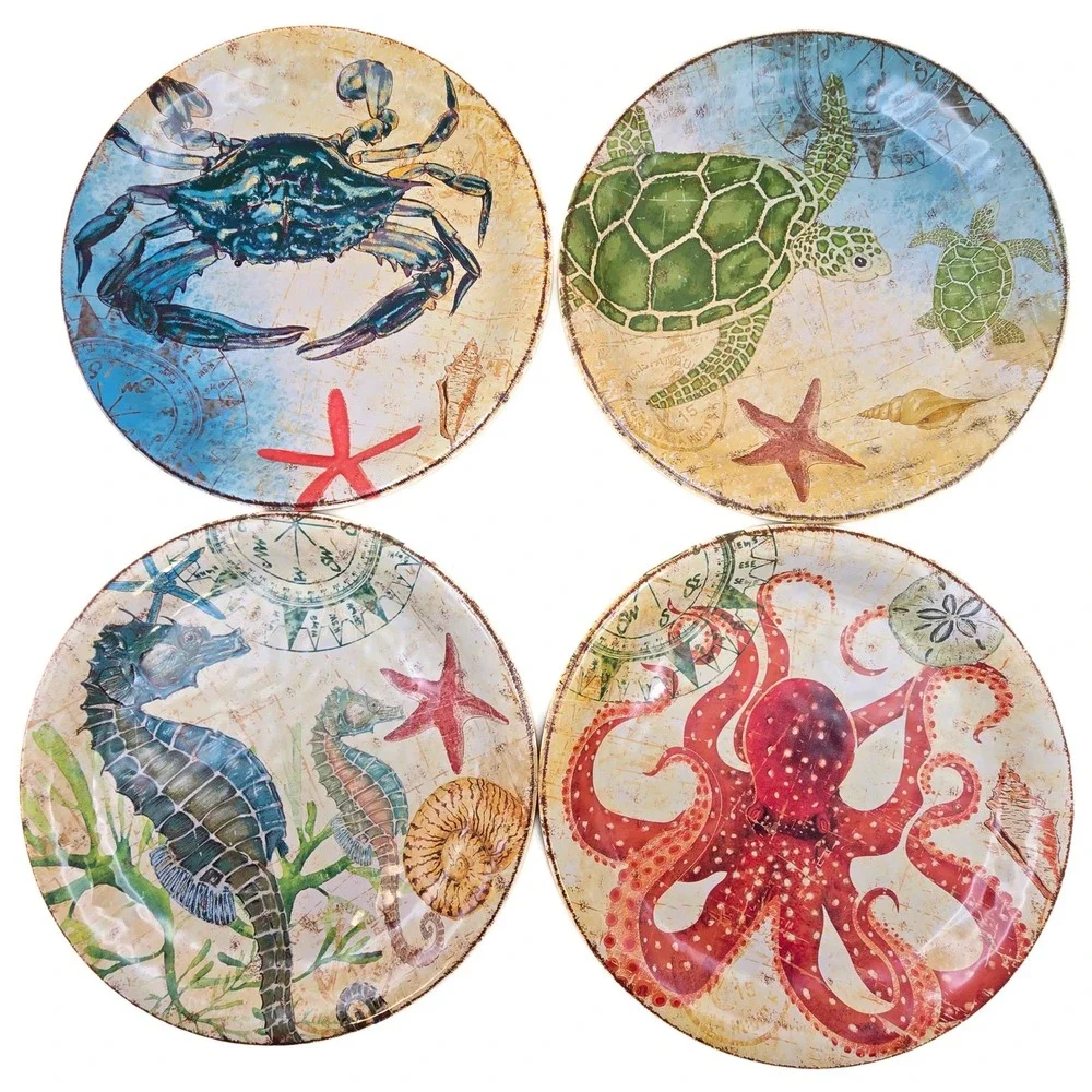Pier 1 Imports Melamine Coastal Salad Plate Set Crab Turtle Seahorse Octopus 9in